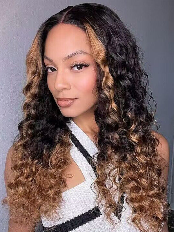 Fluffy Brown Ombre Highlights Water Wave Wigs For Women Colored Human Hair Wig - sterlyhair