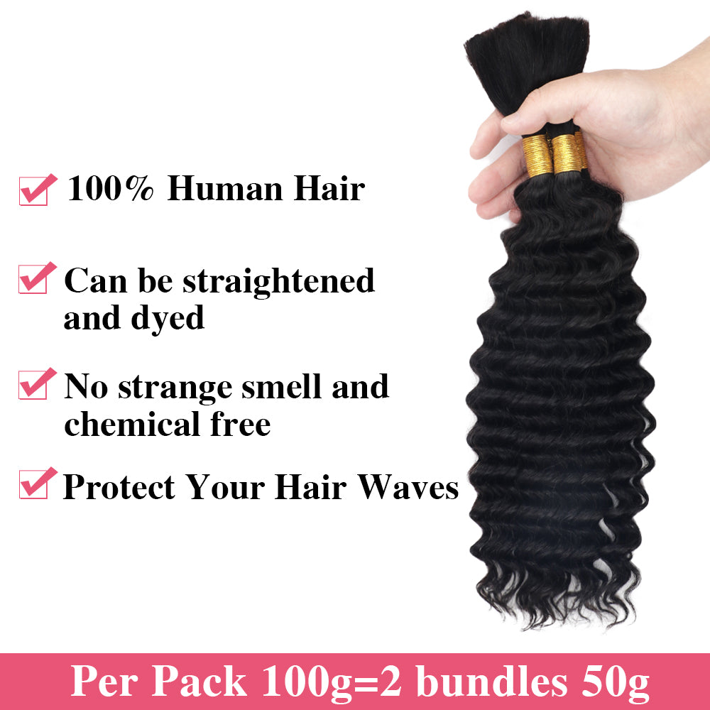 Sterly Deep Wave Bulk Human Hair For Braiding No Weft 100g (1 Pack-2 Bundle 50g)