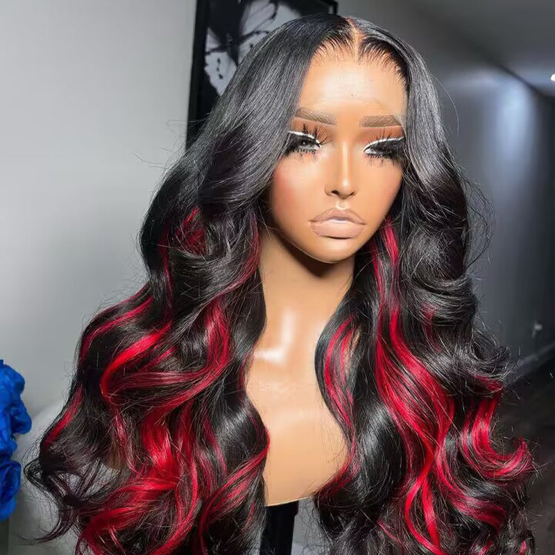 Sterly Red Highlight With Natural Black Body Wave 13×6 Transparent Lace Front Human Hair Colored Wigs - sterlyhair
