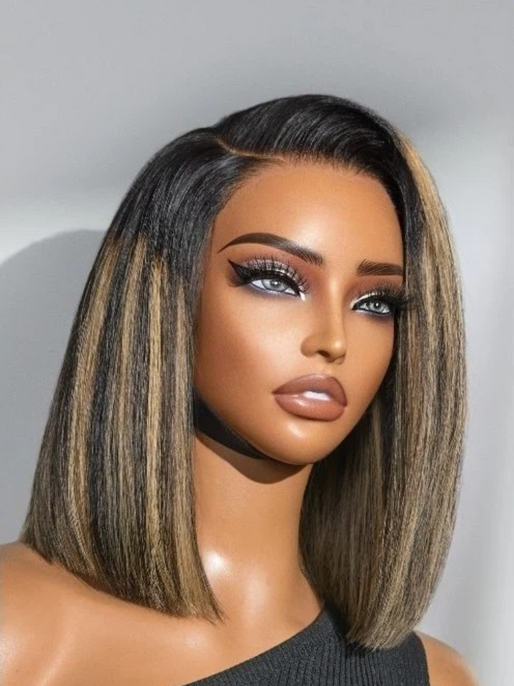 Blonde Highlight Human Hair Wigs Layered Cut Glueless Minimalist Lace Short Wig - sterlyhair