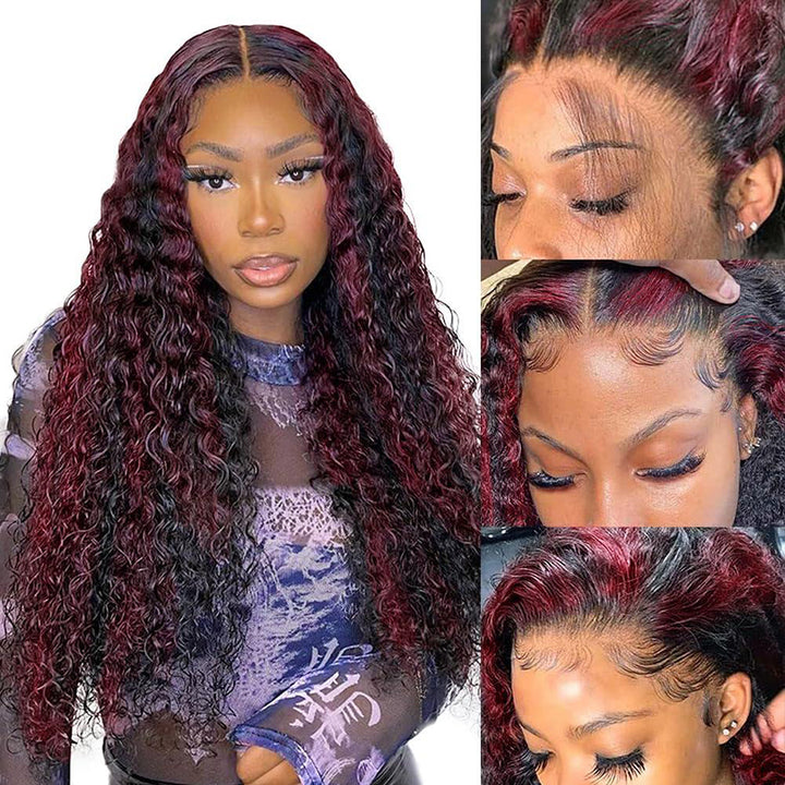 Sterly Burgundy Highlight Curly Wave Wig T1B/P1B/99J Colored Lace Frontal Human Hair Wig - sterlyhair