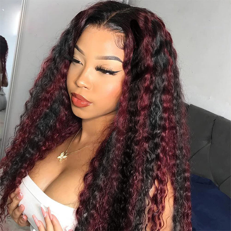 Sterly P1B/99J Deep Wave Wig Burgundy Highlight Colored Lace Frontal Human Hair Wig