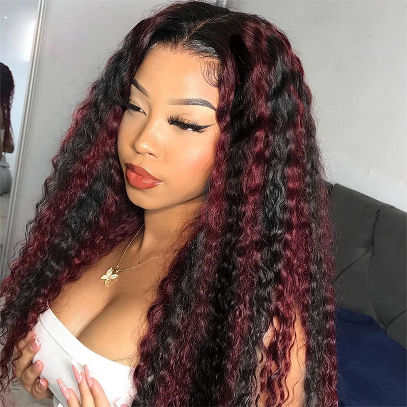 Sterly P1B/99J Deep Wave Wig Burgundy Highlight Colored Lace Frontal Human Hair Wig - sterlyhair