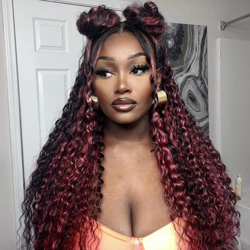 Sterly P1B/99J Deep Wave Wig Burgundy Highlight Colored Lace Frontal Human Hair Wig - sterlyhair