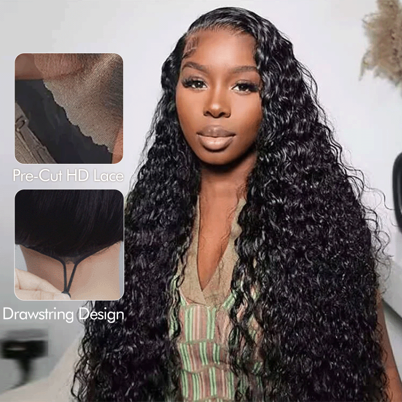 #1 Jet Black Glueless 7x6 Water Wave Wig HD Lace Front With Drawstrings - sterlyhair