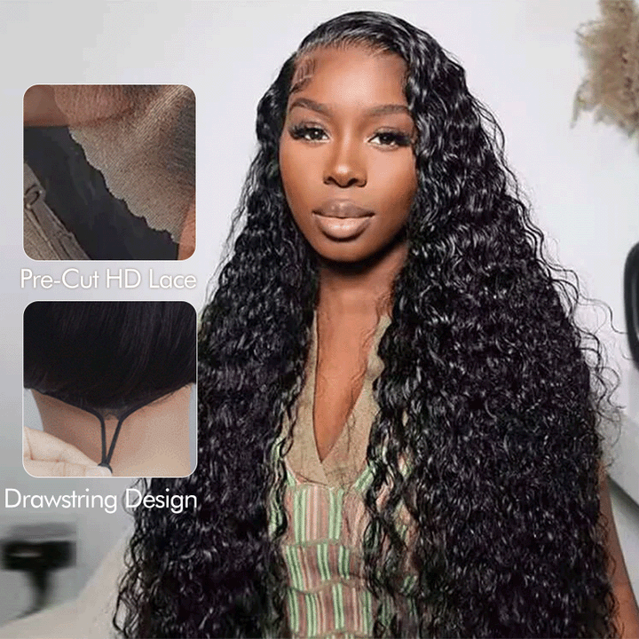 #1 Jet Black Glueless 7x6 Water Wave Wig HD Lace Front With Drawstrings - sterlyhair