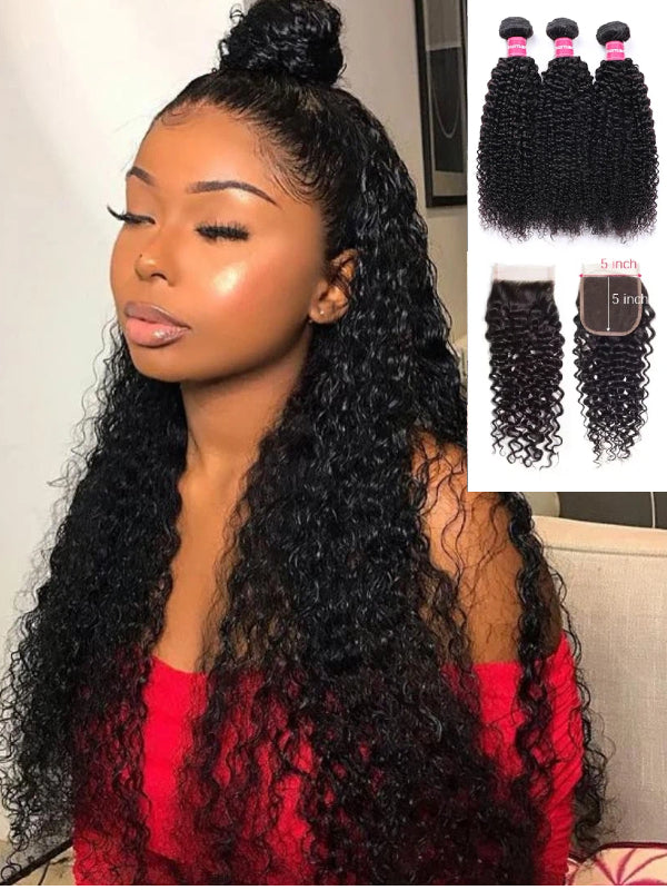12A Bundles With Closure | Curly Wave Bundles With 5x5 Lace Closure Human Hair Bundles With Closure - sterlyhair