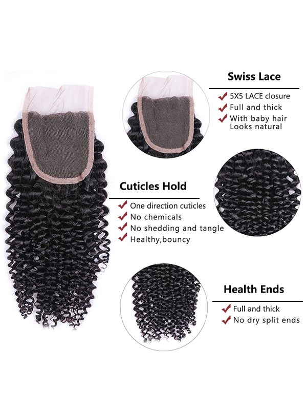 Mèches de cheveux humains bouclés et ondulés avec fermeture en dentelle 5x5 