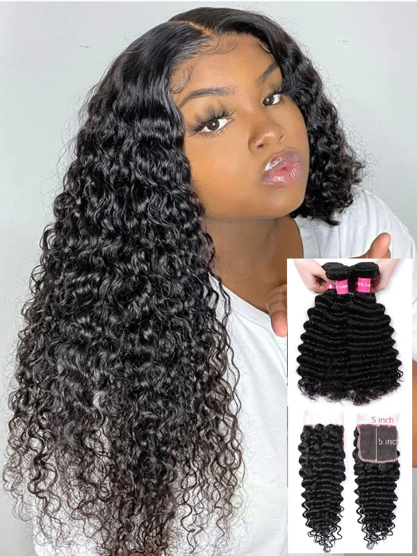 12A Bundles With Closure | Deep Wave Bundles With 5x5 Lace Closure Human Hair Bundles With Closure - sterlyhair