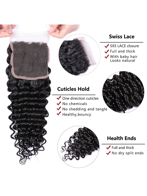 Mèches de cheveux naturels ondulés et profonds avec fermeture en dentelle 5x5 