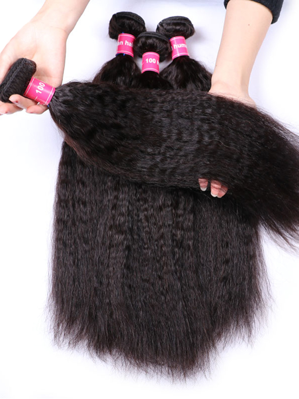 Lot de 3 mèches de cheveux humains crépus et lisses avec fermeture en dentelle 4×4, couleur naturelle 