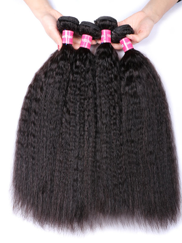 Lot de 3 mèches de cheveux humains crépus et lisses avec fermeture en dentelle 4×4, couleur naturelle 