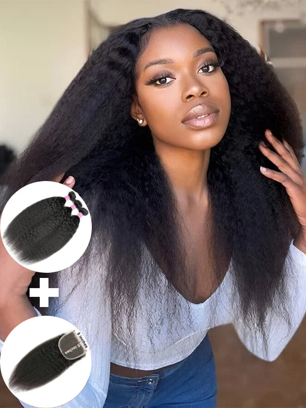 Mèches de cheveux humains raides et crépus Sterly avec fermeture en dentelle 5x5 