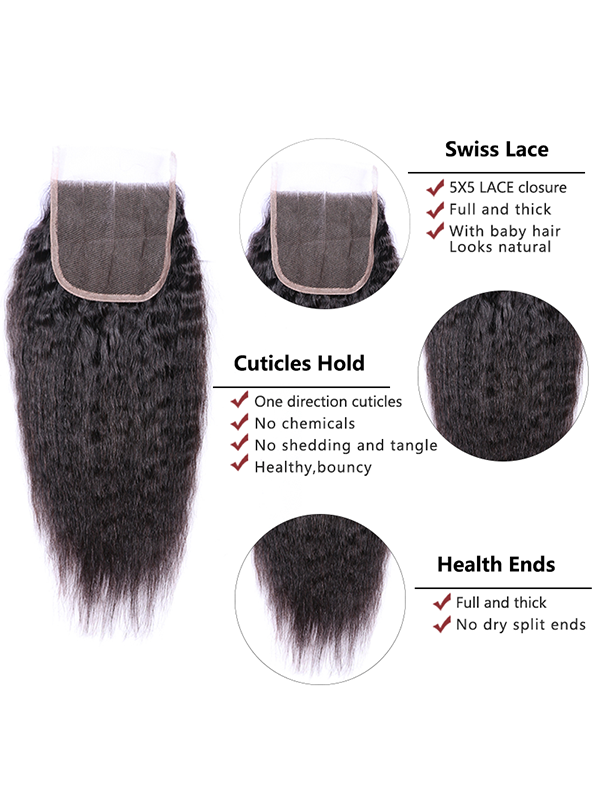 Mèches de cheveux humains raides et crépus Sterly avec fermeture en dentelle 5x5 