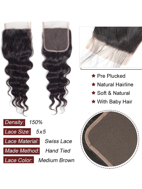 Mèches de cheveux humains Sterly Loose Deep avec fermeture en dentelle 5x5 