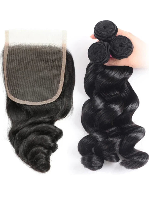12A Bundles With Closure | Loose Wave Hair Bundles Human Hair 3/4 /PCS With 5x5 Lace Closure - sterlyhair
