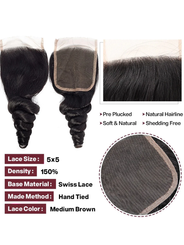 Mèches de cheveux humains Loose Wave, 3/4 pièces, avec fermeture en dentelle 5x5 