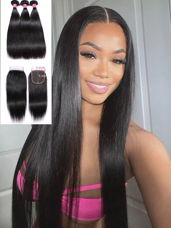12A Bundles With Closure | Straight Human Hair Bundles with 5x5 Lace Closure - sterlyhair