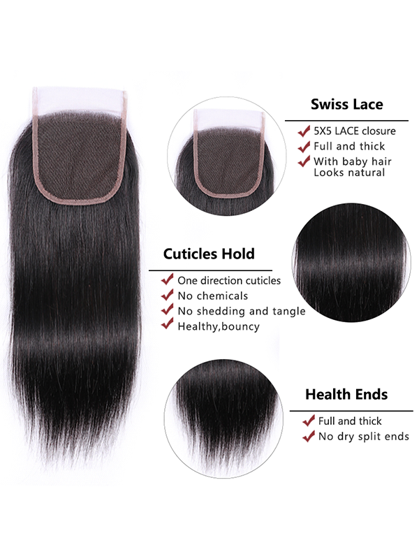 Mèches de cheveux humains raides de 20 à 81 cm avec fermeture en dentelle 5x5 