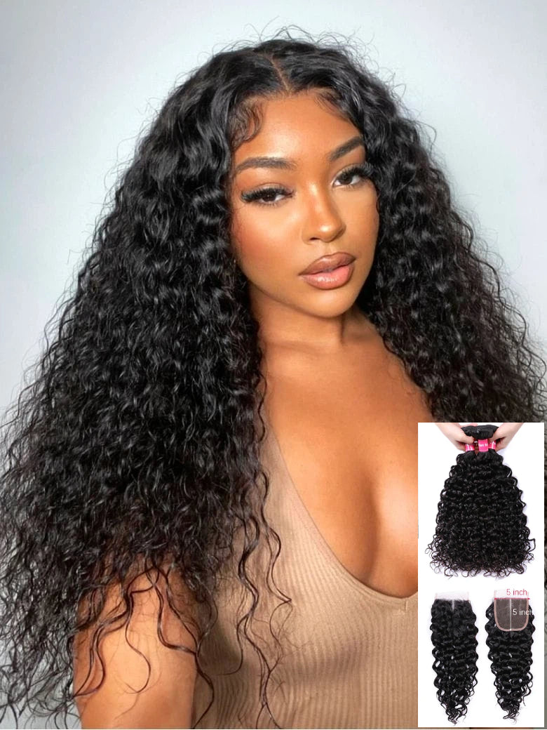 12A Bundles With Closure | Water Wave Bundles With 5x5 Lace Closure Human Hair 3/4 PCS Bundles With Closure - sterlyhair