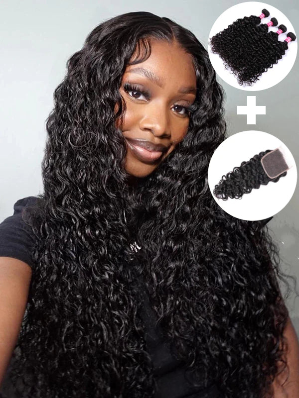 Mèches de cheveux humains ondulées Sterly avec fermeture en dentelle 5x5, 3/4 pièces 