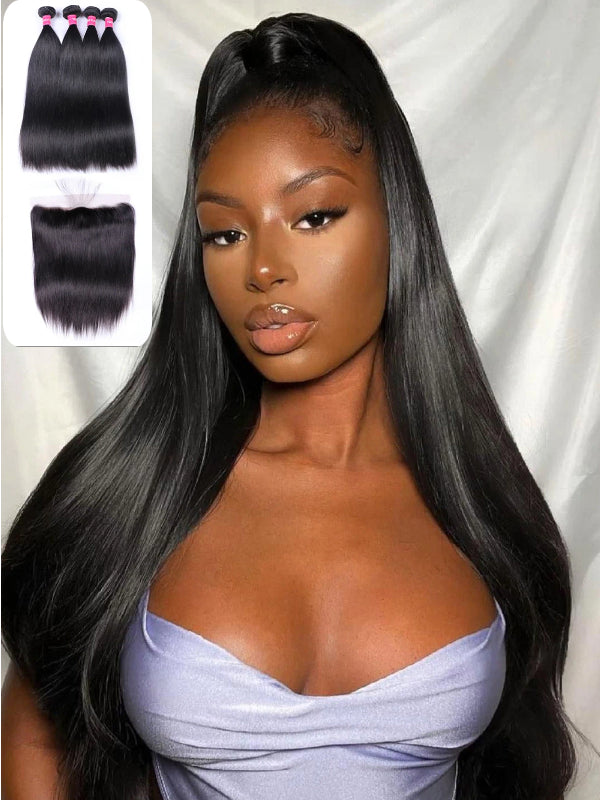 12A Bundles With Frontal | 13×4 Straight Hair Lace Frontal With 3 Bundles Hair Pre-plucked - sterlyhair
