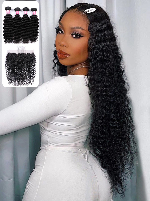 12A Bundles With Frontal | 3 Bundles Deep Wave Bundles With 13×4 Lace Frontal - sterlyhair