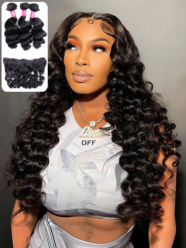 12A Bundles With Frontal | 3 Bundles Loose Wave Virgin Hair with 13×4 Transparent Lace Frontal - sterlyhair