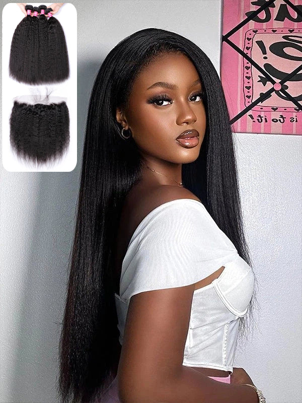 12A Bundles With Frontal | Kinky Straight Hair 3 Bundles with 13×4 Lace Frontal Human Hair Natural Color - sterlyhair