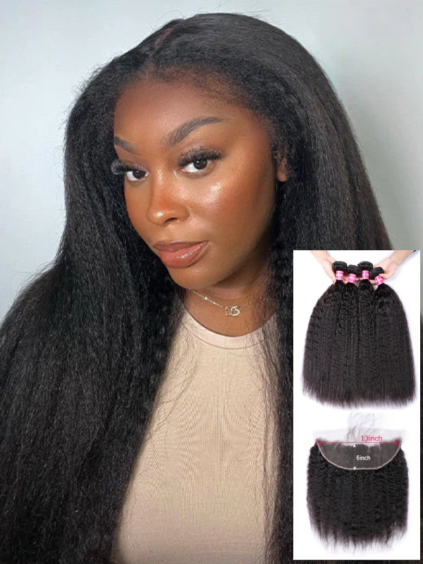 12A Bundles With Frontal | Kinky Straight Human Hair Bundles With 13x6 Lace Frontal - sterlyhair