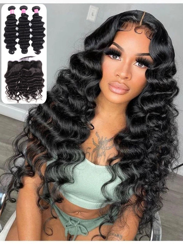 12A Bundles With Frontal | Loose Deep Wave Virgin Hair 3 Bundles with 13×4 Lace Frontal Hand-tied - sterlyhair
