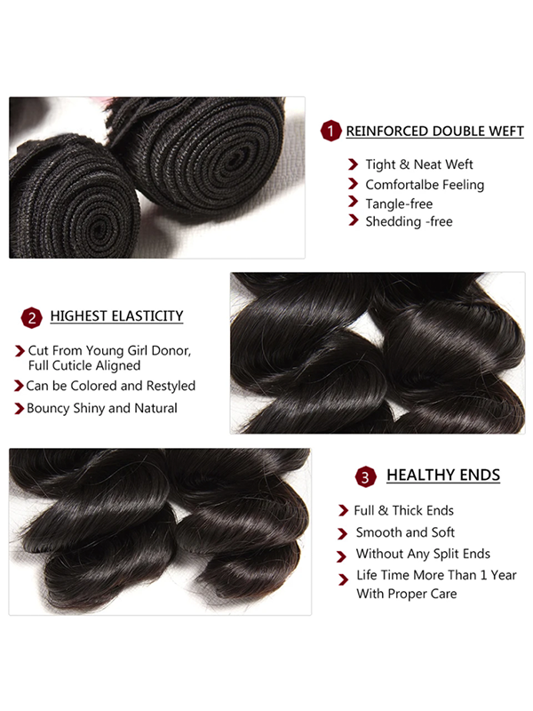 Mèches de cheveux humains Loose Wave, 3/4 pièces, avec fermeture en dentelle 5x5 