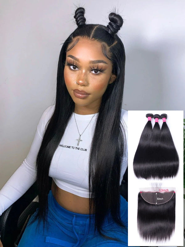 12A Bundles With Frontal | Straight Hair 3 Bundles With 13x6 Lace Frontal Remy Human Hair Bundles With Lace Frontal - sterlyhair