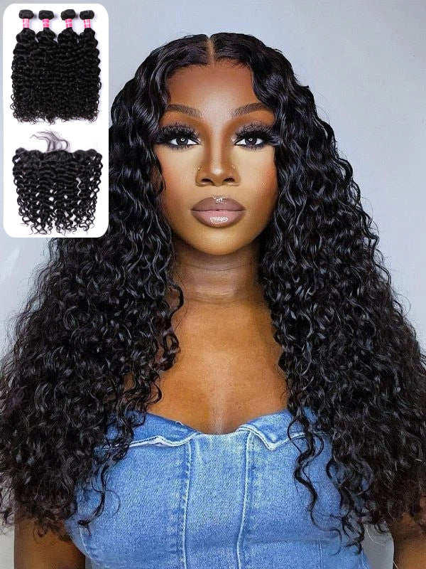 12A Bundles With Frontal | Water Wave 3 Bundles Virgin Human Hair With 13×4 Ear to Ear Lace Frontal - sterlyhair