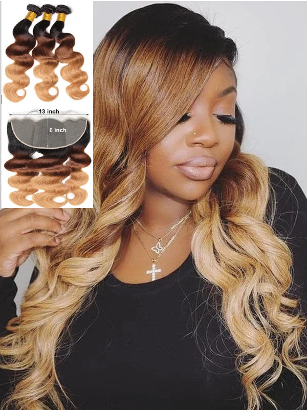 12A | Colored Body Wave Bundles With 5×5 Lace Closure T1B/T4/27 Ombre Human Bundles With 13x6 Lace Frontal - sterlyhair