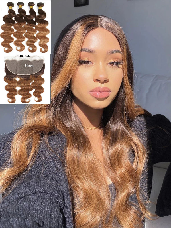 12A | T4/30 Colored Ombre Body Wave Human Hair Bundles With 13×6 Lace Frontal - sterlyhair