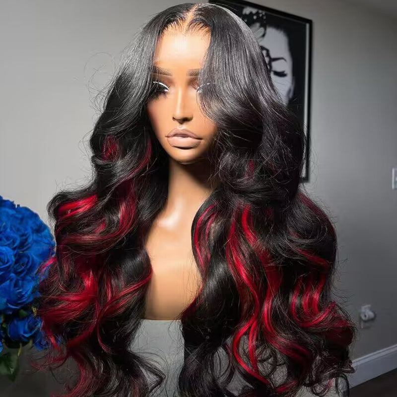 Sterly Red Highlight With Natural Black Body Wave 13×6 Transparent Lace Front Human Hair Colored Wigs - sterlyhair