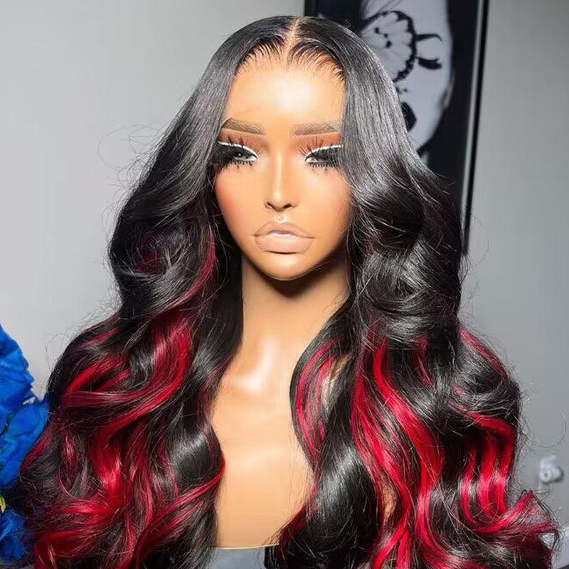 Sterly Red Highlight With Natural Black Body Wave 13×4/4×4 Transparent Lace Front Human Hair Colored Wigs