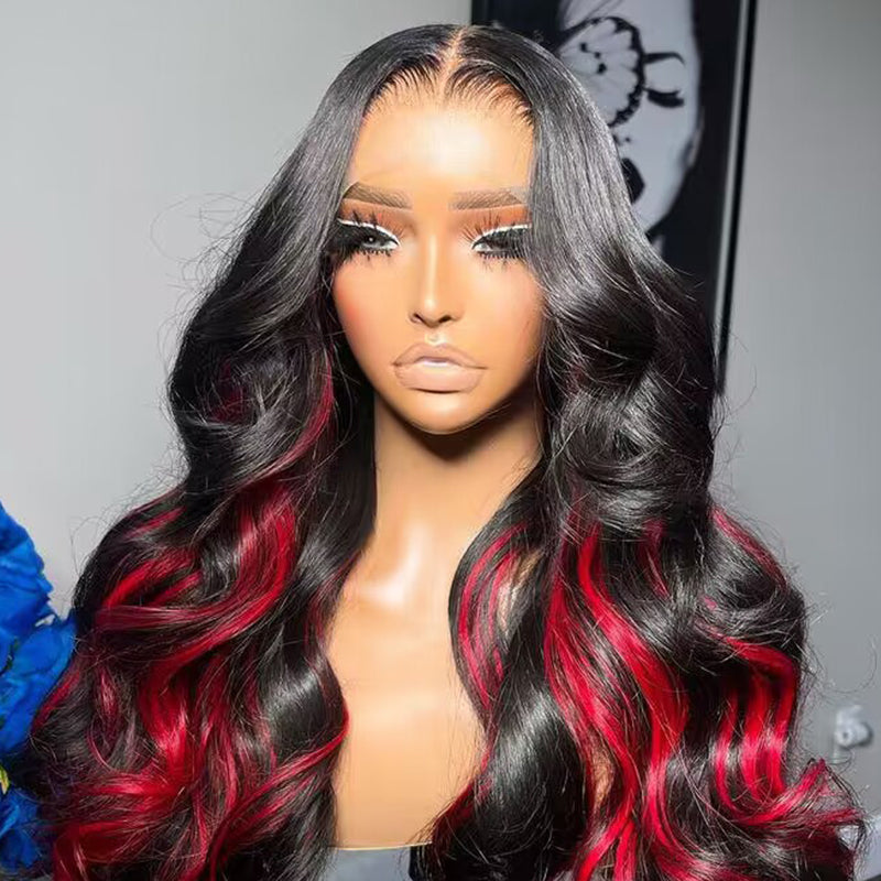 Sterly Red Highlight With Natural Black Body Wave 13×6 Transparent Lace Front Human Hair Colored Wigs - sterlyhair
