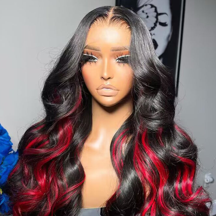 Sterly Red Highlight With Natural Black Body Wave 13×6 Transparent Lace Front Human Hair Colored Wigs - sterlyhair