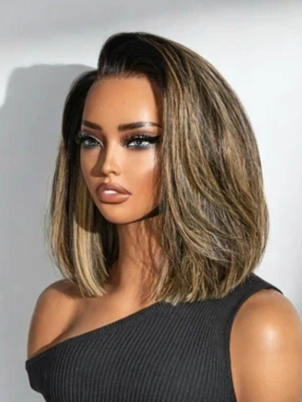 Blonde Highlight Human Hair Wigs Layered Cut Glueless Minimalist Lace Short Wig - sterlyhair