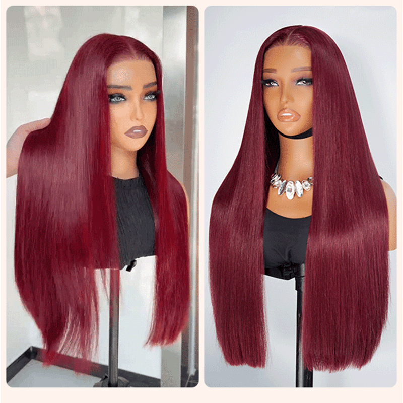 Perruque de cheveux raides Sterly #99J 5x5 / 13x6 bordeaux avec dentelle frontale 