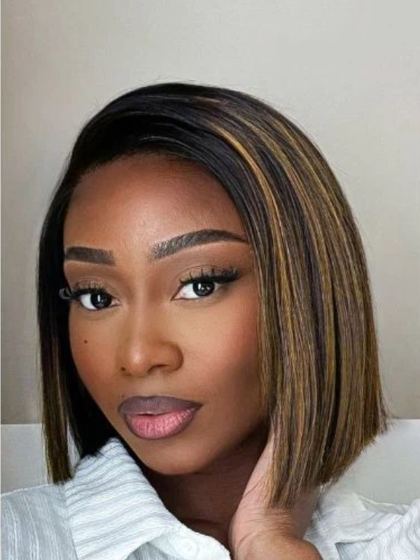 Sterly Hair Brown Highlight Human Hair Wigs Layered Cut Glueless HD Minimalist Lace Wear and GO Short Wig - sterlyhair