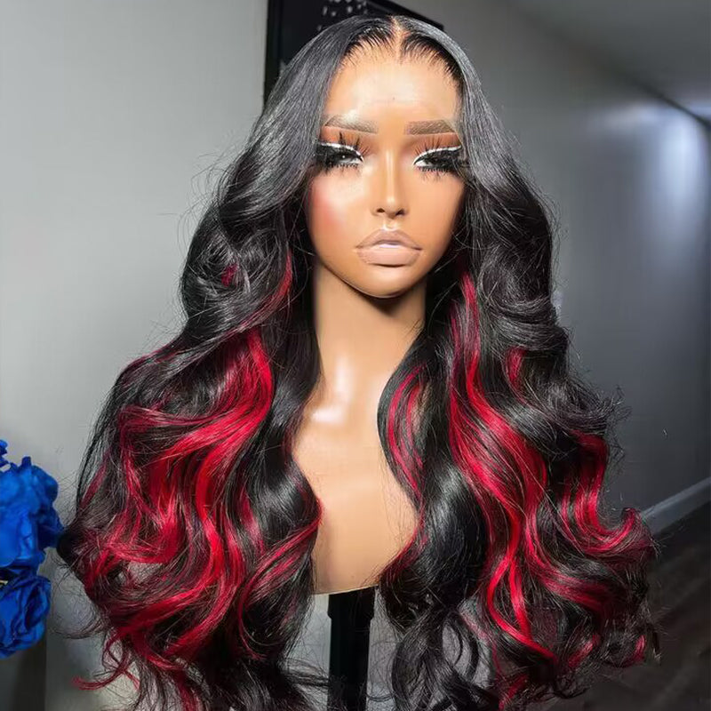 Sterly Red Highlight With Natural Black Body Wave 13×4/4×4 Transparent Lace Front Human Hair Colored Wigs