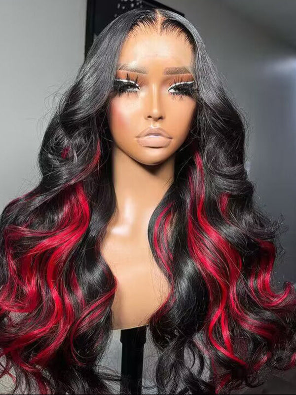 Sterly Red Highlight With Natural Black Body Wave 13×6 Transparent Lace Front Human Hair Colored Wigs - sterlyhair