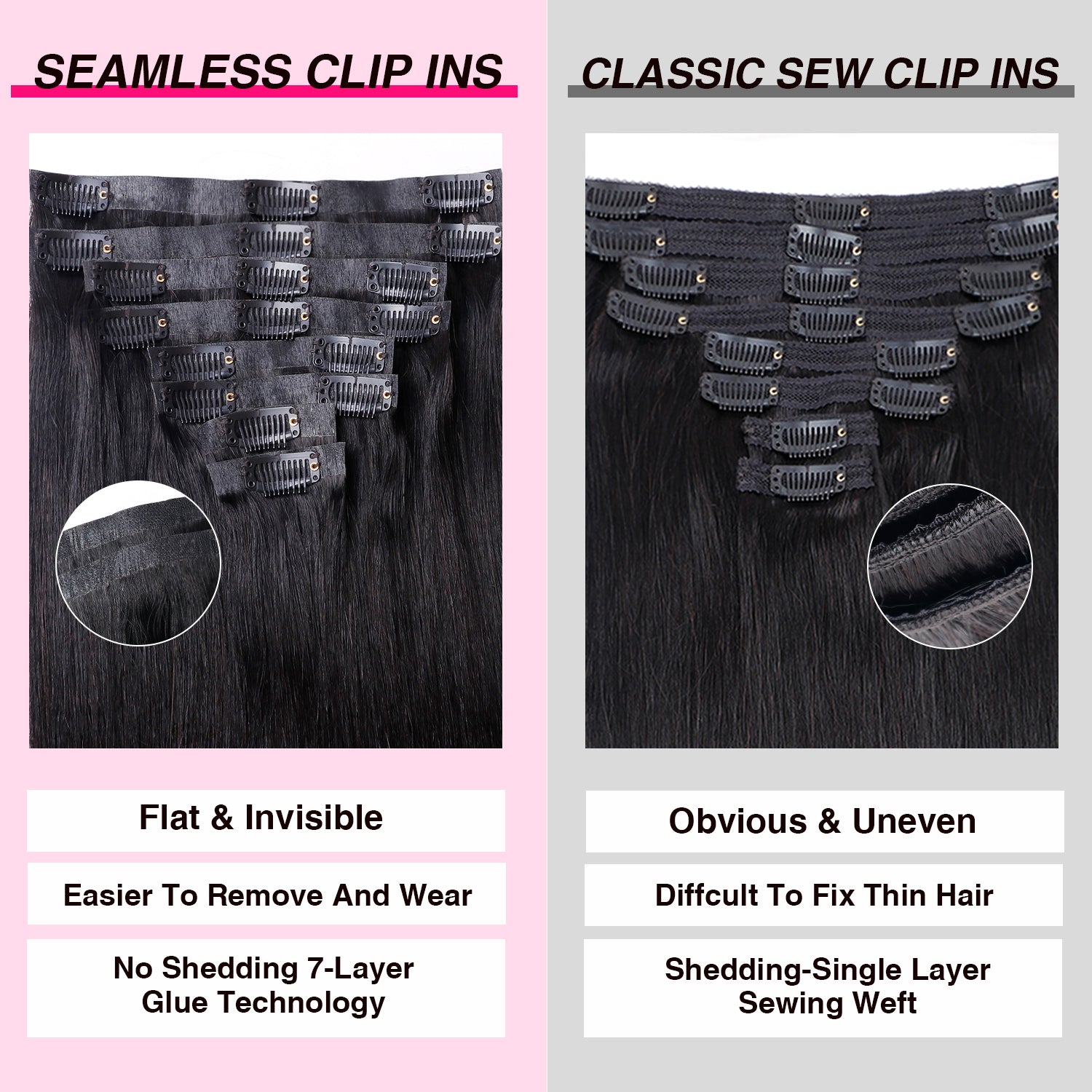 PU Seamless Clip In Hair Extensions Silky Straight PU Clip Ins For Black Women 8pcs With 18 Clips