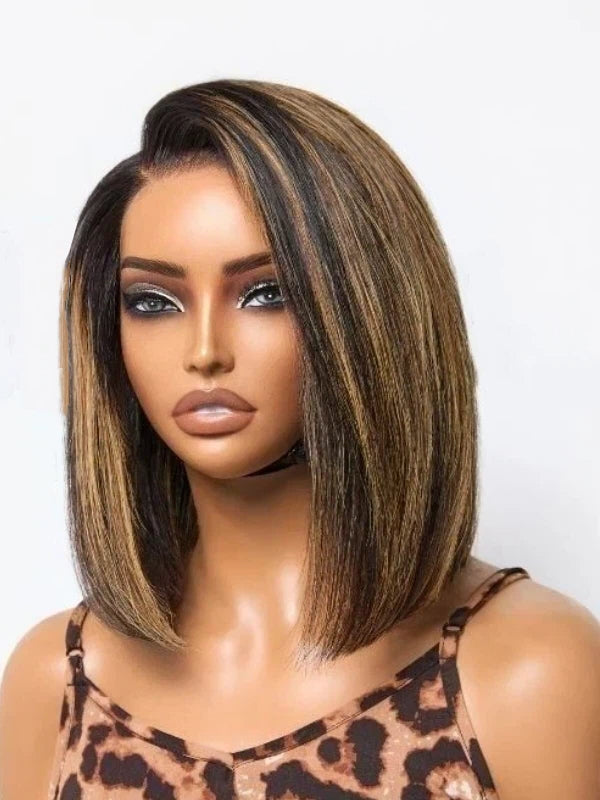 Sterly Hair Brown Highlight Human Hair Wigs Layered Cut Glueless HD Minimalist Lace Wear and GO Short Wig - sterlyhair
