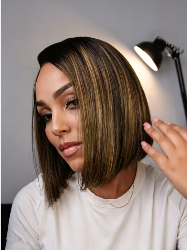 Sterly Hair Brown Highlight Human Hair Wigs Layered Cut Glueless HD Minimalist Lace Wear and GO Short Wig - sterlyhair