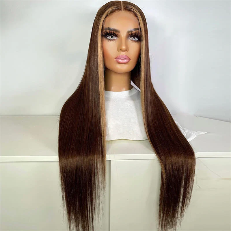 Sterly Hair Honey Blonde &amp; Brown Skunk Stripe Highlight Wigs Straight Lace Front Wig - sterlyhair