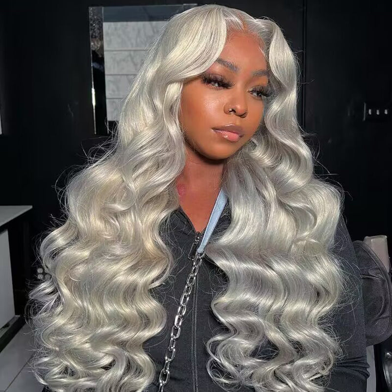 Sterly Grey Long body wave 4×4 13×4 Frontal Lace Wig Colored Human Hair Wigs